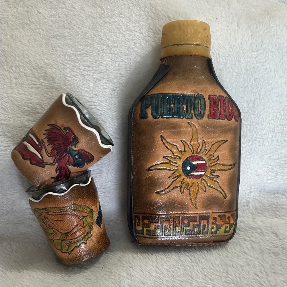 Puerto Rico Themed Brown Bottle and Shot Glass Set